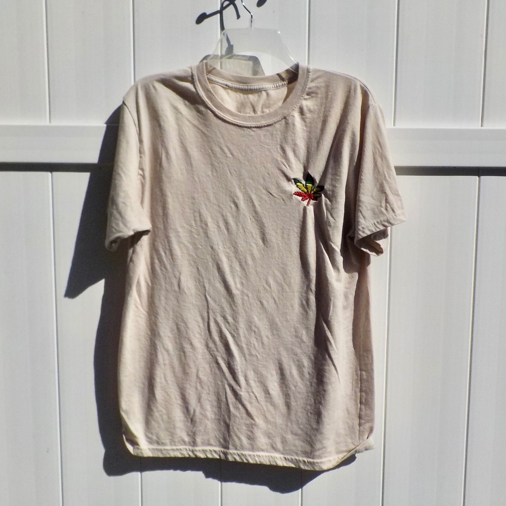 East/West Men's Tan T-Shirt with embroidered Marijuana Leaf